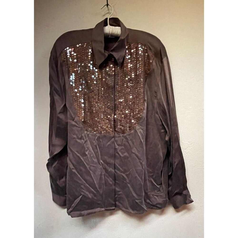 Vintage Mondi Women Blouse Top Long Sleeve Silk Brown Sequin Button-Down Size 44
